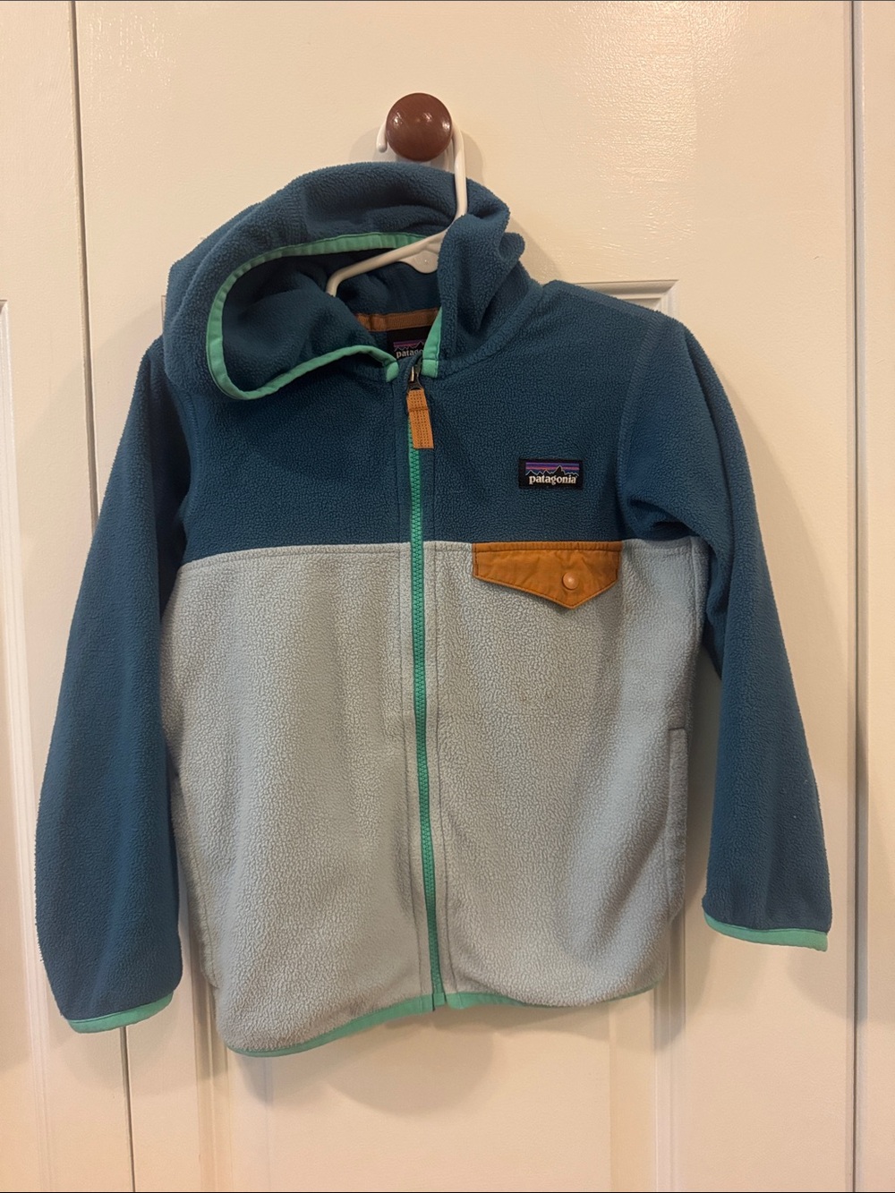 Patagonia Kids Teal and Light Blue Hooded Fleece with Tan Accent